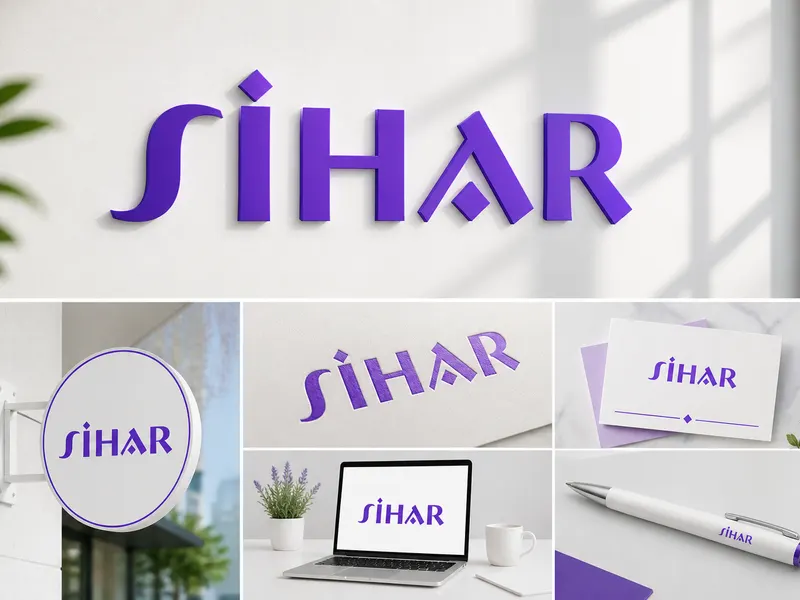 SİHAR logosunun 3D duvar tabelası, kırtasiye ürünleri ve dizüstü bilgisayar ekranı üzerindeki kurumsal kimlik sunumu.