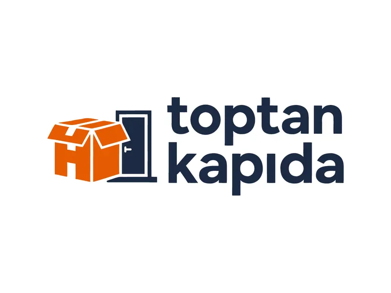 Beyaz zemin üzerinde turuncu koli ve kapı amblemi ile lacivert toptan kapıda yazılı kurumsal logo tasarımı.