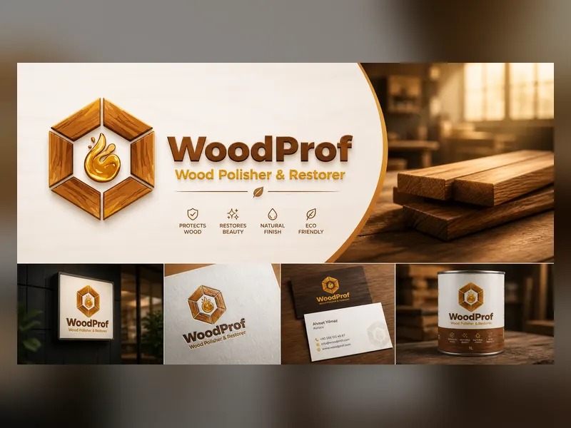 WoodProf markası için ahşap altıgen form ve damla amblemli logo tasarımı, tabela, kartvizit ve kutu ambalaj mockupları.