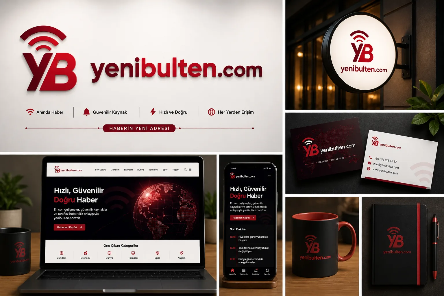 yenibulten.com için tasarlanan logo ve kurumsal kimlik ögelerinin dizüstü bilgisayar, telefon, kartvizit ve tabela üzerinde sergilendiği sunum görseli.