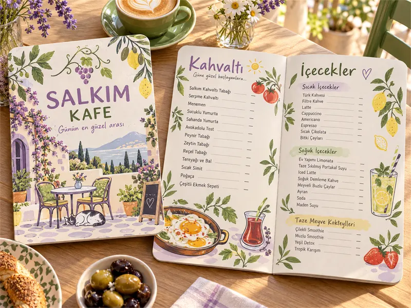 Ahşap masa üzerinde açık duran, suluboya illüstrasyonlu Salkım Kafe menü kitapçığı ve kapak tasarımı.