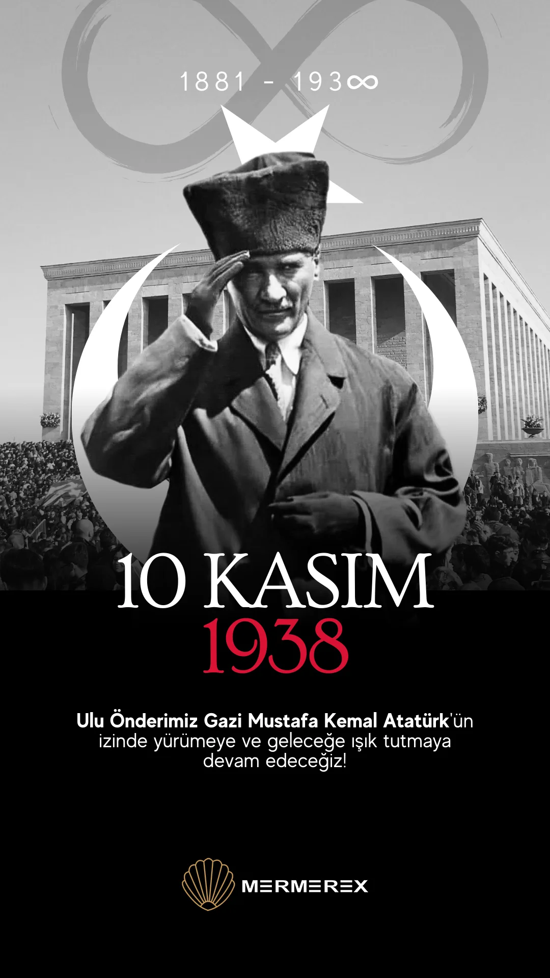Anıtkabir önünde Atatürk fotoğrafı ve ay yıldız illüstrasyonu içeren dikey 10 Kasım sosyal medya anma tasarımı.