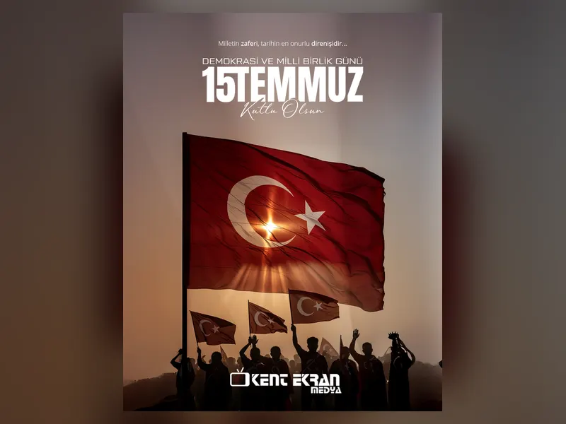 Kent Ekran Medya için hazırlanan, Türk bayrağı ve halk silüetlerinin yer aldığı 15 Temmuz Demokrasi ve Milli Birlik Günü sosyal medya gönderi tasarımı.