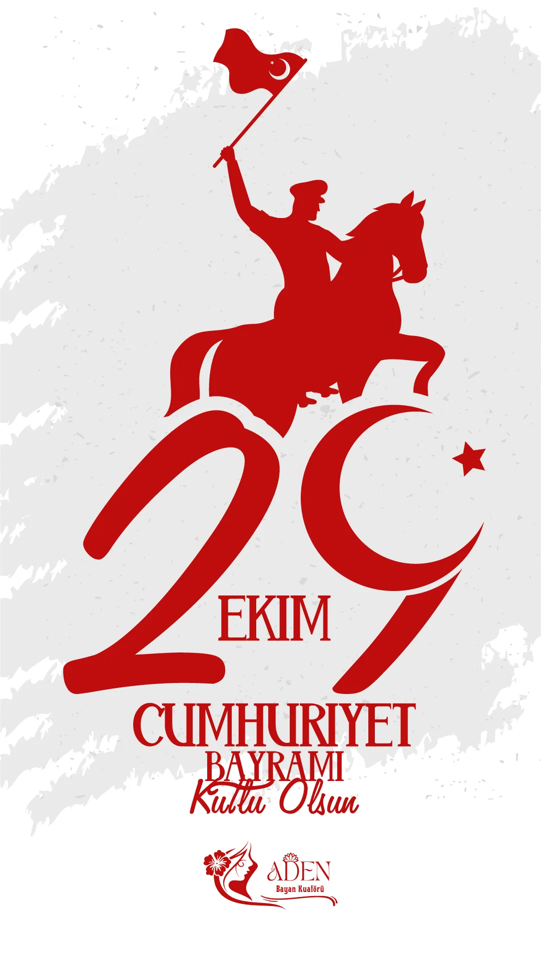Aden Bayan Kuaförü için tasarlanan, kırmızı tonlarda Atatürk silüeti ve ay yıldızlı 29 rakamı içeren 29 Ekim Cumhuriyet Bayramı sosyal medya hikâye görseli.