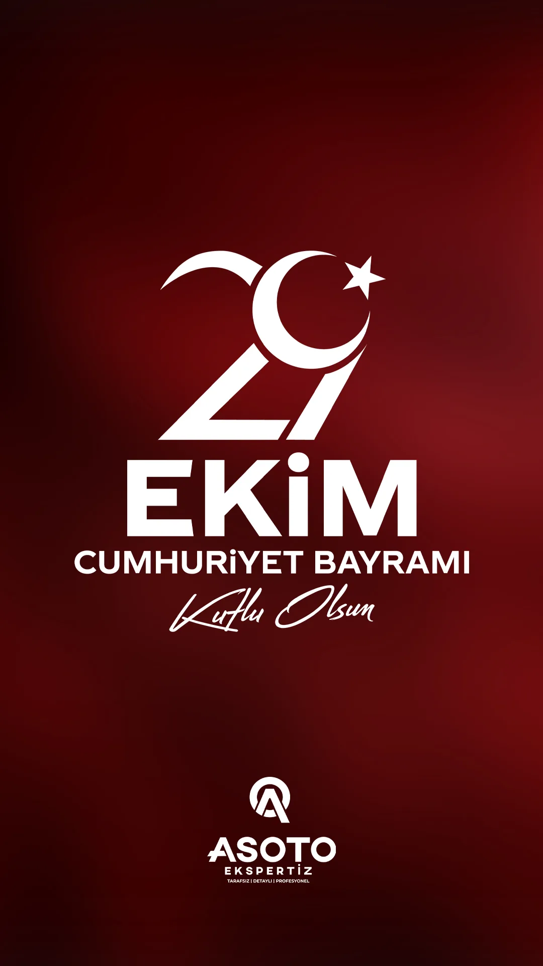 Bordo ve kırmızı degradeli arka planda ay yıldız motifli 29 Ekim Cumhuriyet Bayramı tipografisi ve As Oto Ekspertiz logosu.