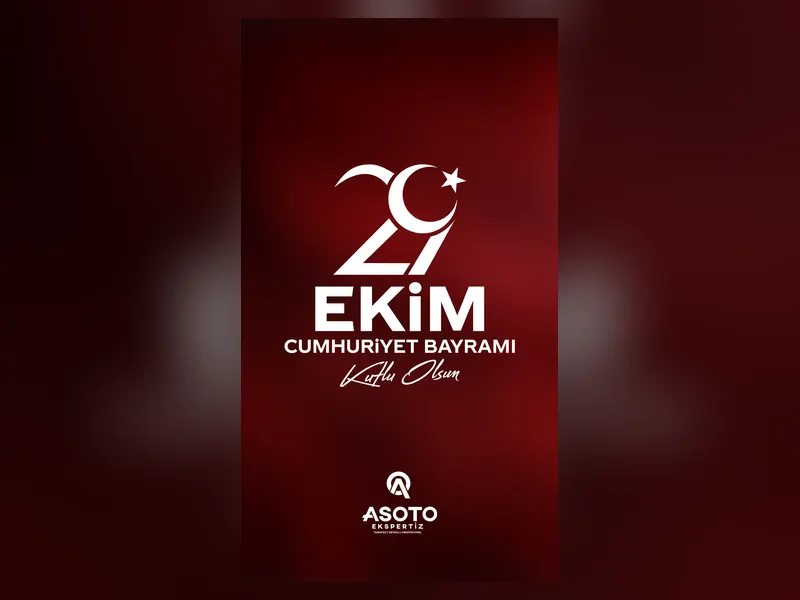 Bordo ve kırmızı degradeli arka planda ay yıldız motifli 29 Ekim Cumhuriyet Bayramı tipografisi ve As Oto Ekspertiz logosu.