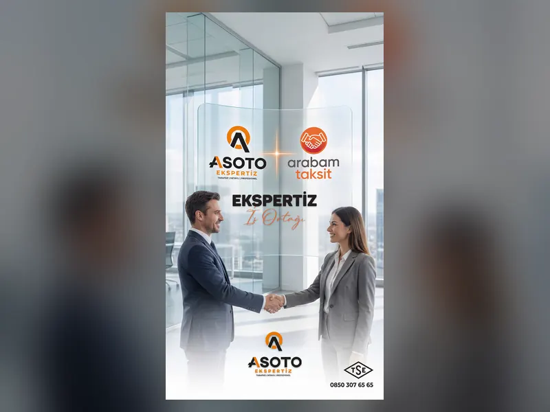 Asoto Ekspertiz ve Arabam Taksit iş ortaklığını duyuran el sıkışan profesyonellerin yer aldığı dikey sosyal medya tasarımı.