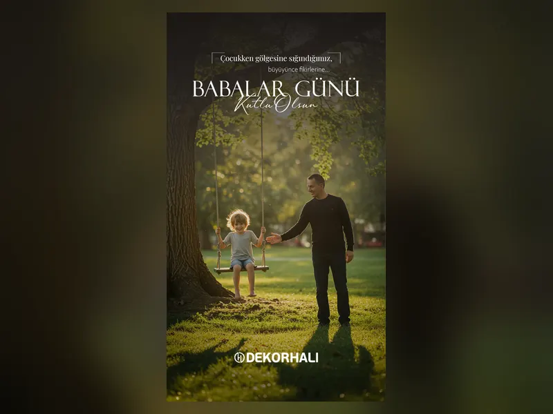 Dekorhalı markası için hazırlanan, salıncakta sallanan çocuk ve babasının yer aldığı güneşli doğa temalı Babalar Günü sosyal medya hikaye tasarımı.