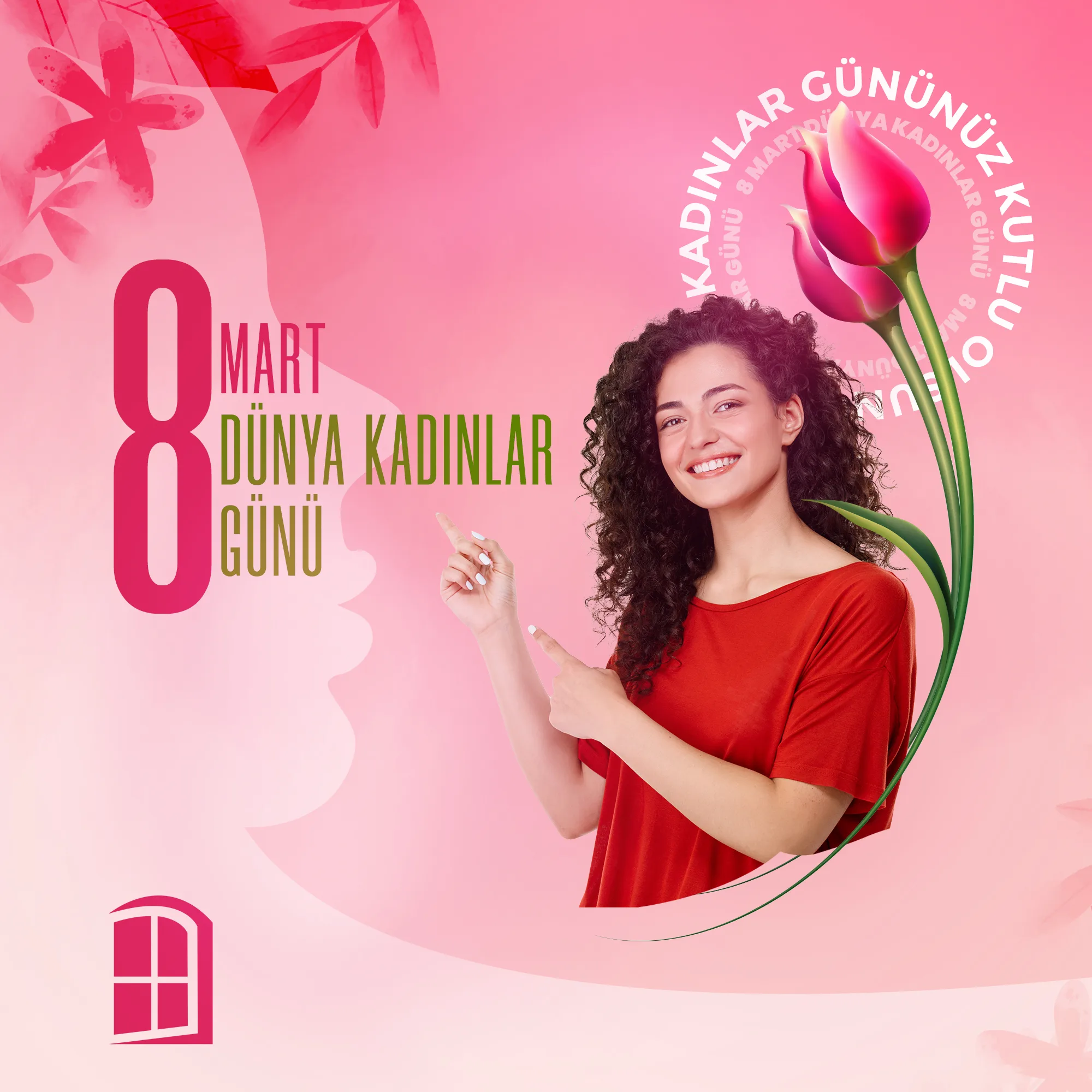 İnterpen markası için tasarlanan pembe tonlarda 8 Mart Dünya Kadınlar Günü sosyal medya gönderisi.