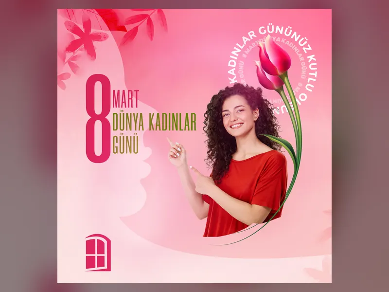 İnterpen markası için tasarlanan pembe tonlarda 8 Mart Dünya Kadınlar Günü sosyal medya gönderisi.