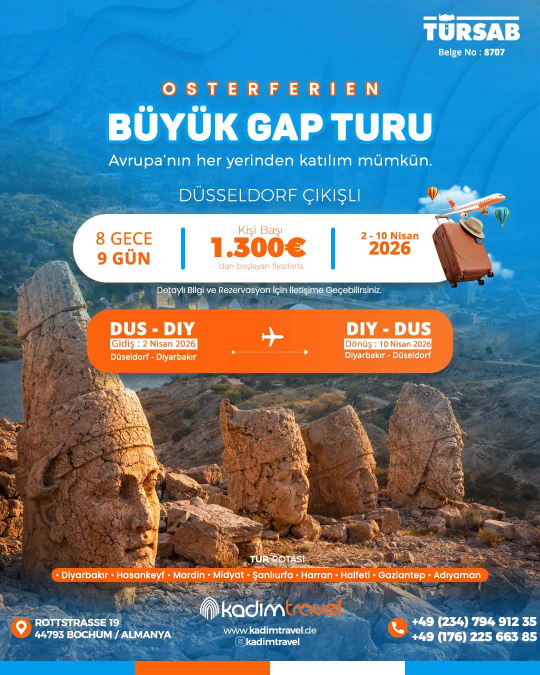 Kadim Travel için hazırlanan Nemrut Dağı görselli Büyük GAP Turu sosyal medya paylaşım tasarımı.