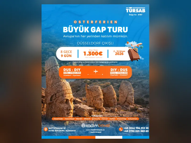 Kadim Travel için hazırlanan Nemrut Dağı görselli Büyük GAP Turu sosyal medya paylaşım tasarımı.