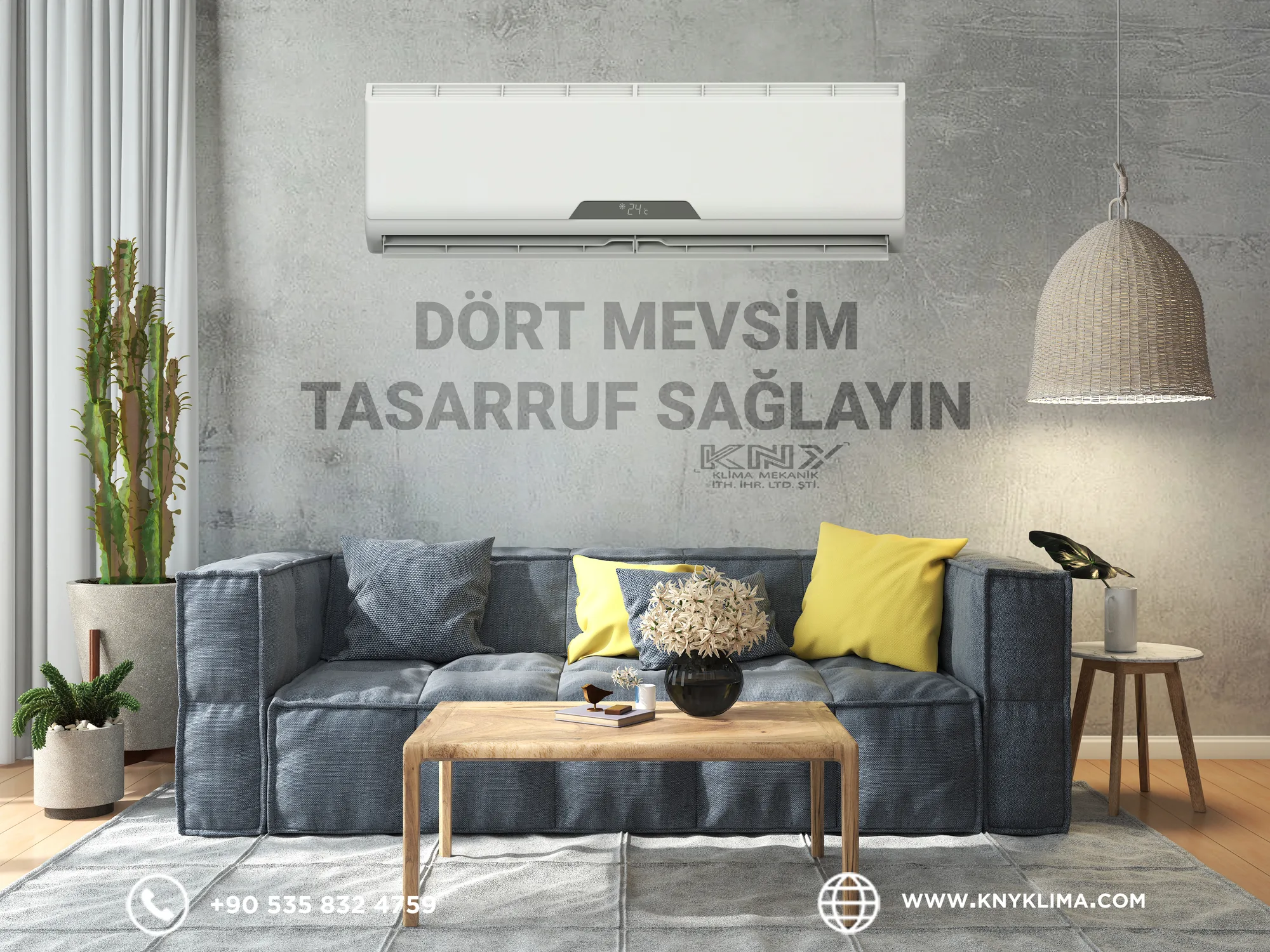 Modern bir oturma odası duvarında konumlandırılmış klima görseli ve Dört Mevsim Tasarruf Sağlayın yazılı KNY Klima sosyal medya tasarımı.