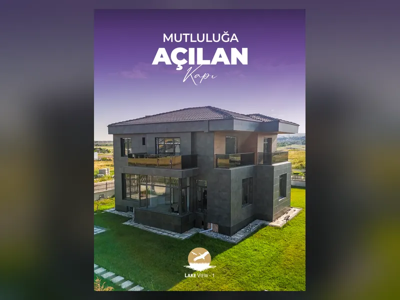 Morkaya İnşaat Lake View 1 projesi için hazırlanan Mutluluğa Açılan Kapı tipografili sosyal medya görsel tasarımı.