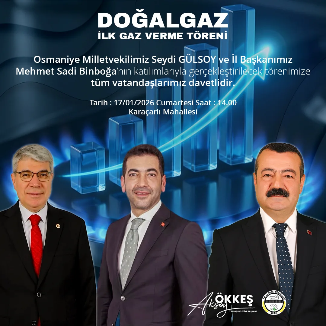 Doğalgaz ilk gaz verme töreni daveti için hazırlanan, mavi alev ve grafik temalı Ökkeş Aksoy sosyal medya duyuru tasarımı.