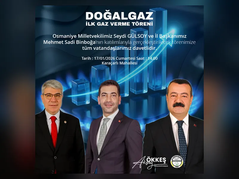 Doğalgaz ilk gaz verme töreni daveti için hazırlanan, mavi alev ve grafik temalı Ökkeş Aksoy sosyal medya duyuru tasarımı.