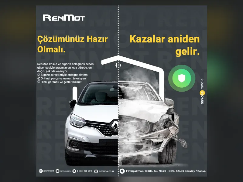 RenMot kasko ve sigorta anlaşmalı servis hizmetini tanıtan ikiye bölünmüş otomobil onarım görseli.