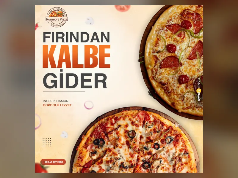 Romeo's Pizza için hazırlanan Fırından Kalbe Gider sloganlı ve pizza görselli sosyal medya paylaşım tasarımı.