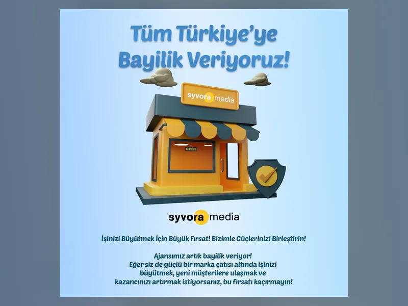 Syvora Media bayilik duyurusu için hazırlanan sarı 3D mağaza illüstrasyonlu sosyal medya gönderi tasarımı.