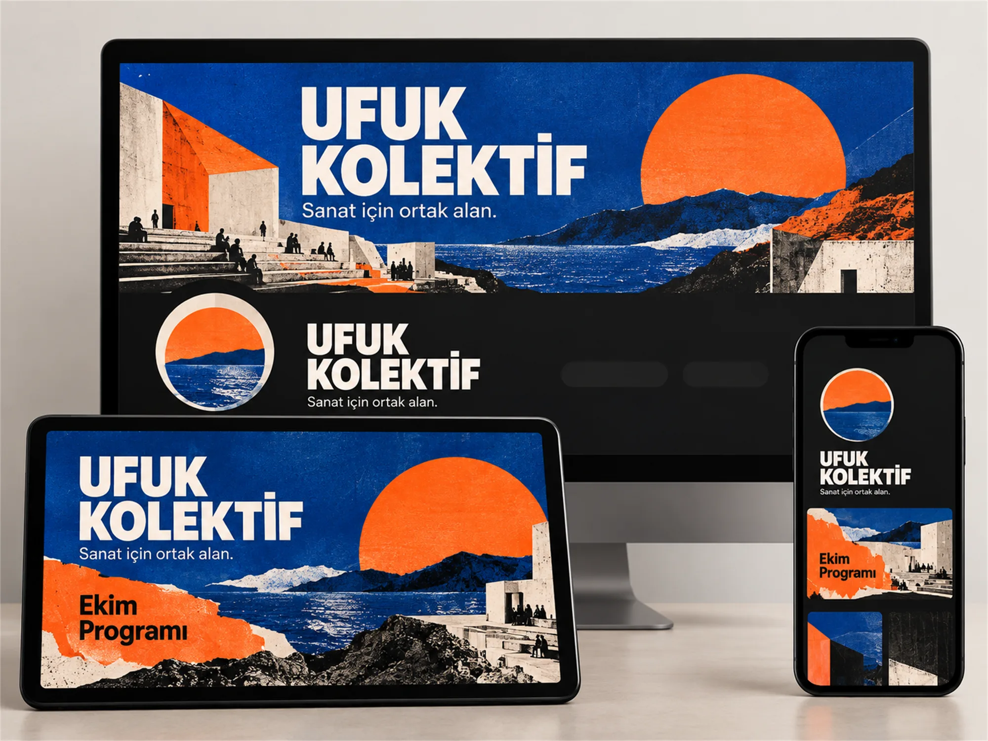 Masaüstü bilgisayar, tablet ve akıllı telefon ekranlarında sergilenen Ufuk Kolektif sosyal medya profil ve kapak tasarımı mockup sunumu.