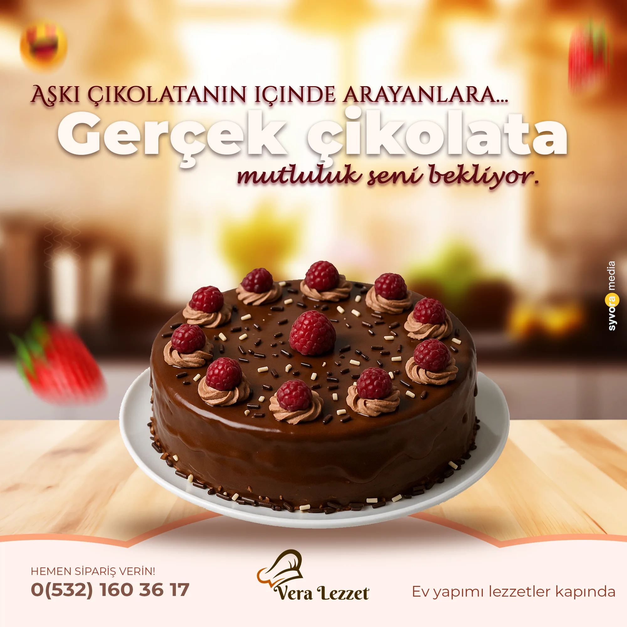Ahşap tezgah üzerinde frambuazlı çikolatalı pasta görseli barındıran Vera Lezzet sosyal medya tasarım şablonu.