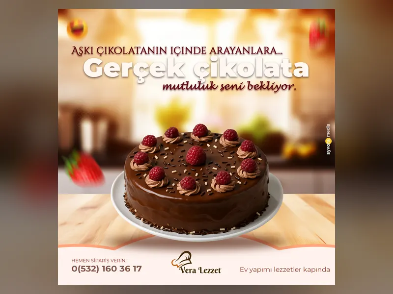 Ahşap tezgah üzerinde frambuazlı çikolatalı pasta görseli barındıran Vera Lezzet sosyal medya tasarım şablonu.