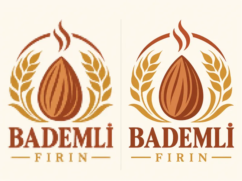 Bademli Fırın logosunun pikselli orijinal hali ile net vektörel yeniden çiziminin yan yana karşılaştırması