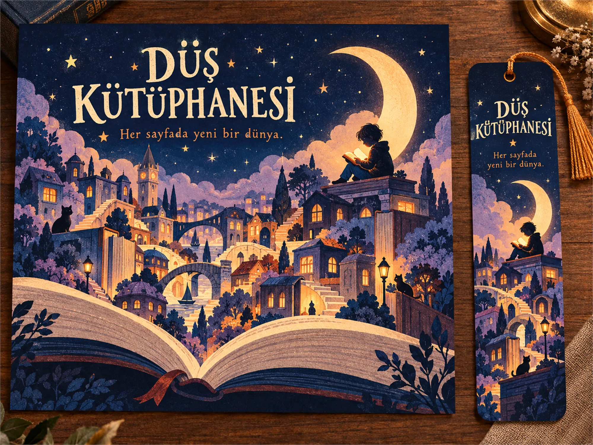 Düş Kütüphanesi sahne illüstrasyonunun çerçeveli poster, bez çanta, defter ve kitap ayracı üzerindeki mockup sunumu.