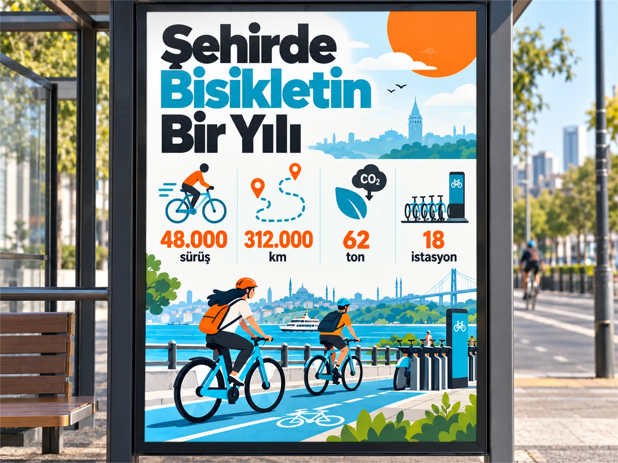 Otobüs durağındaki raket panoda sergilenen Pedal Birlik bisiklet kullanım istatistiklerini içeren infografik afiş tasarımı.