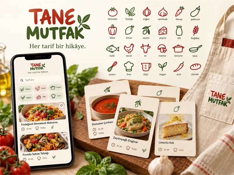 Tane Mutfak mobil uygulama arayüzü, tarif kartları ve mutfak önlüğü üzerinde sergilenen vektörel ikon seti tasarımı.