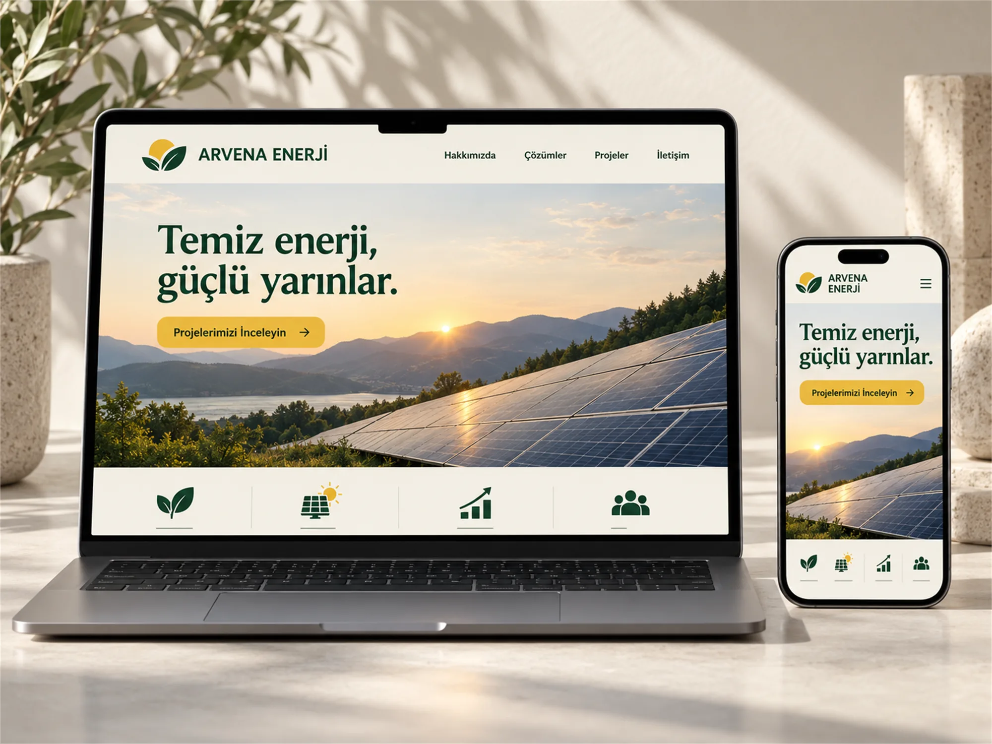 Arvena Enerji kurumsal web sitesi arayüzünün dizüstü bilgisayar ve akıllı telefon ekranında sergilendiği masaüstü mockup sunumu.