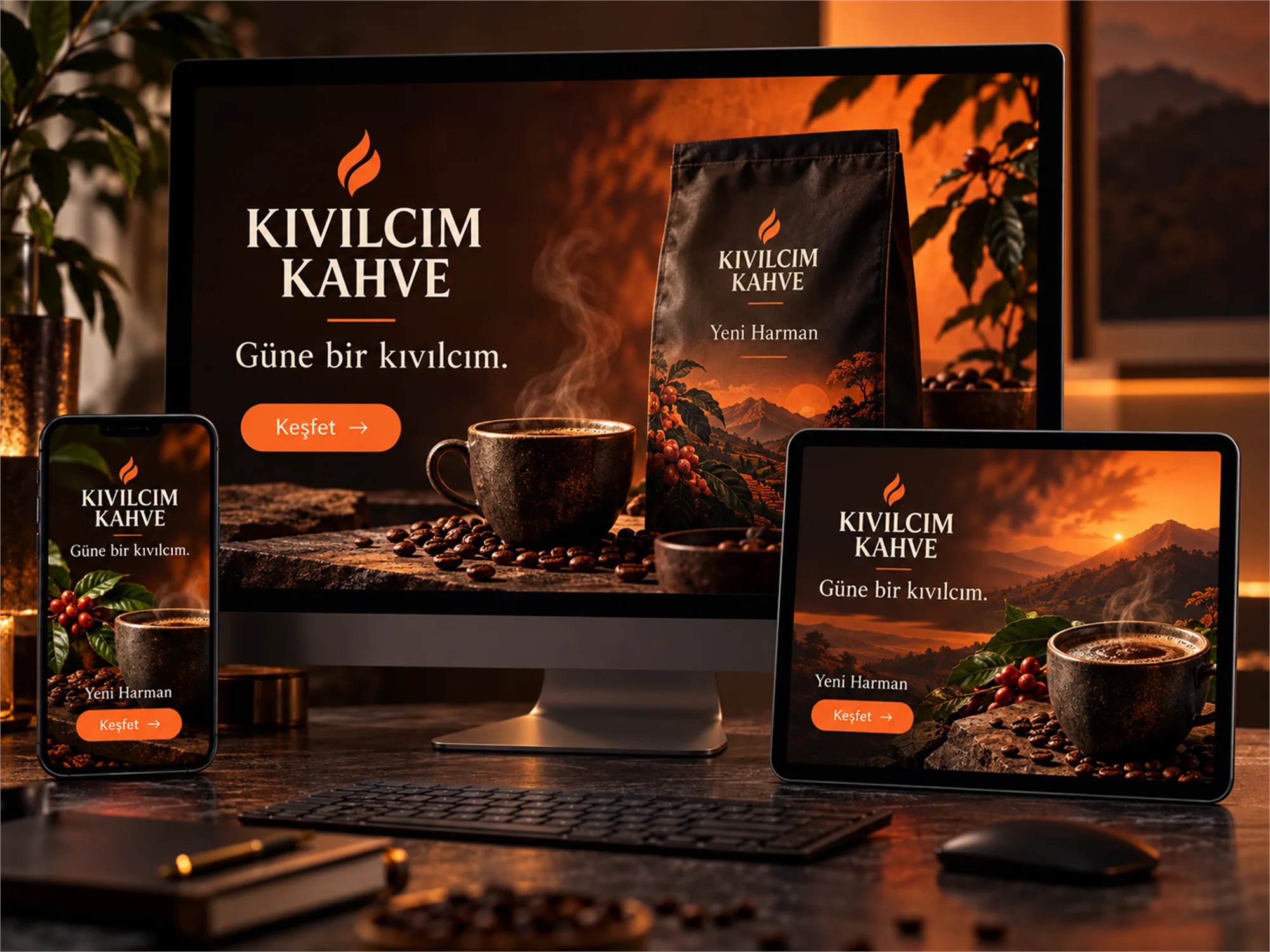Masaüstü monitör, tablet ve akıllı telefon ekranlarında gösterilen Kıvılcım Kahve yeni harman tanıtım arayüzü ve kahve temalı dijital tasarım.