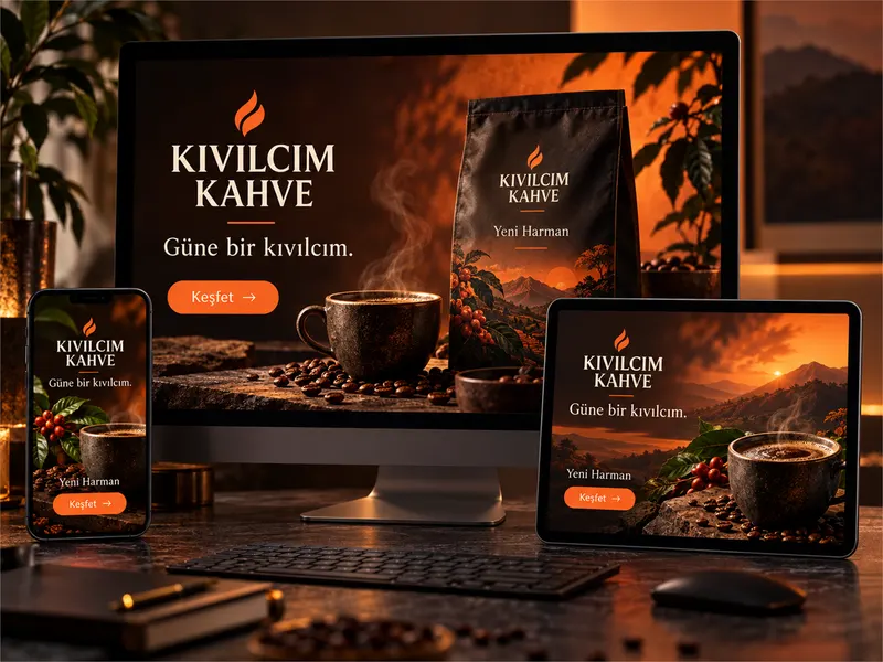 Masaüstü monitör, tablet ve akıllı telefon ekranlarında gösterilen Kıvılcım Kahve yeni harman tanıtım arayüzü ve kahve temalı dijital tasarım.