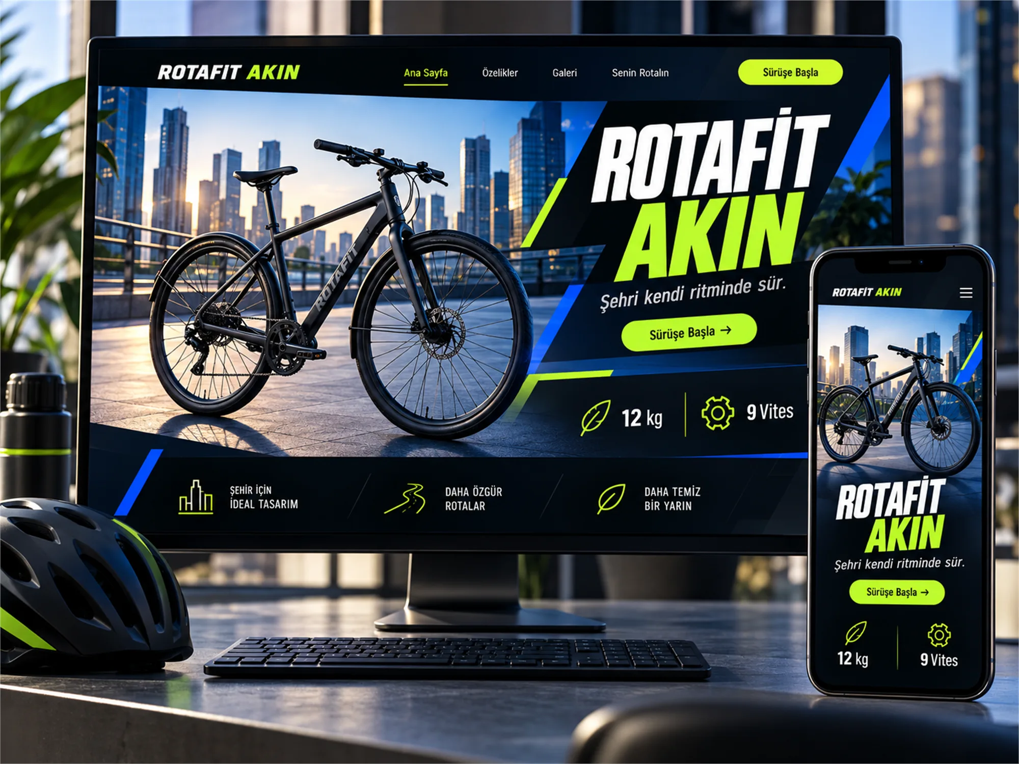 Masaüstü monitör ve akıllı telefonda sergilenen RotaFit Akın şehir bisikleti web sitesi arayüz tasarımı mockup sunumu.