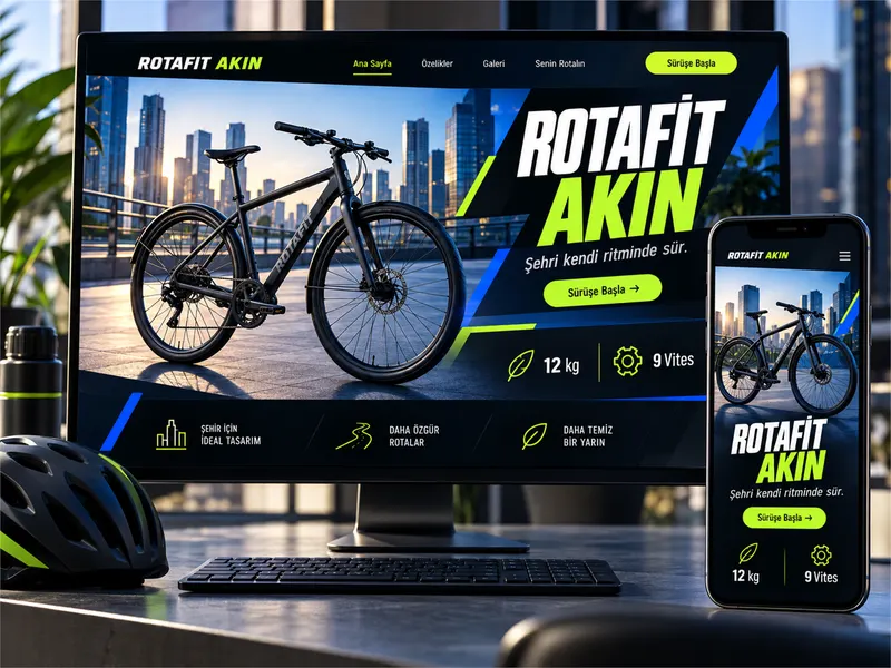 Masaüstü monitör ve akıllı telefonda sergilenen RotaFit Akın şehir bisikleti web sitesi arayüz tasarımı mockup sunumu.